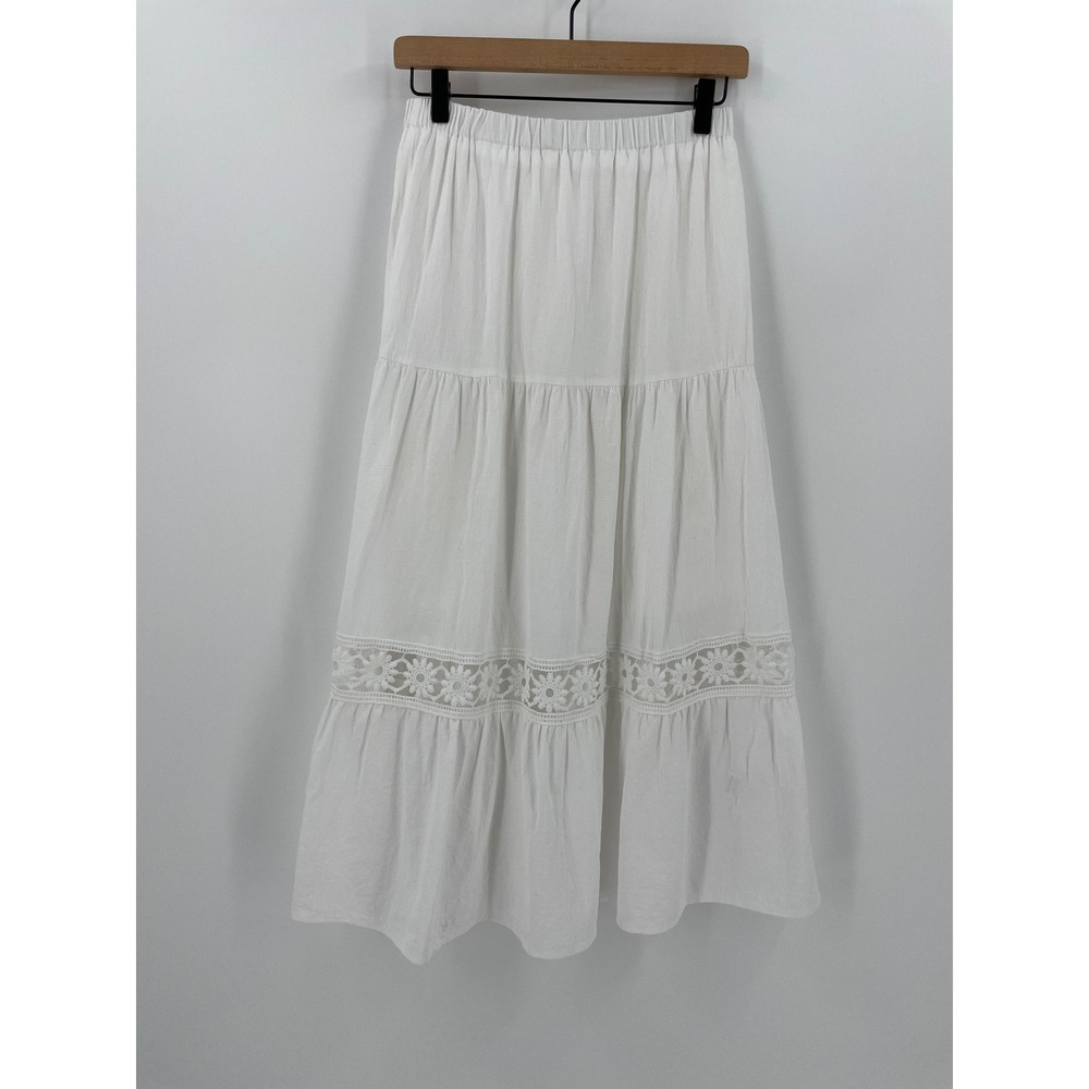 White Tiered Maxi Skirt Floral Lace Inset Elastic Waist Boho Cottagecore Size S